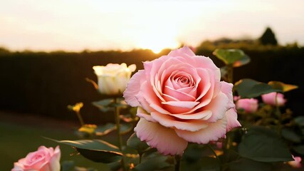 Wall Mural - High quality video footage highlighting pink bush roses blooming warm sunlight tranquil garden setting perfect summer landscape visuals
