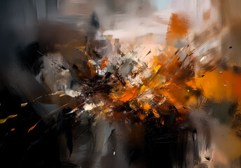 Poster - Abstract painting featuring a central burst of vibrant orange and yellow colors, contrasted by a dark, moody backdrop. Expressive brushstrokes create a sense of dynamic energy.