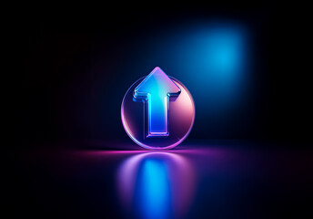 Aufkleber - Luminous glass arrow points upwards, encased in a circle. Neon blue and pink light illuminates the object against a dark backdrop, creating a reflective scene.