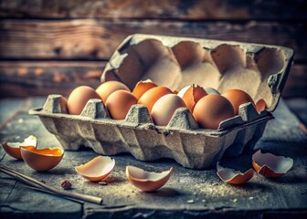 Wall Mural - Vintage Style Photo: Broken Raw Eggs in Gray Case - Rustic Still Life