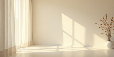 Poster - Sunlit Room Interior Featuring Sheer Curtains and Dried Floral Arrangement in a Minimalist White Vase