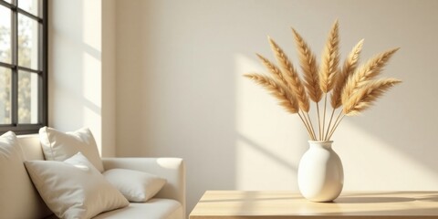 Poster - Serene Minimalist Interior Design with Pampas Grass in a Ceramic Vase on a Wooden Table near a Comfortable Sofa bathed in Sunlight