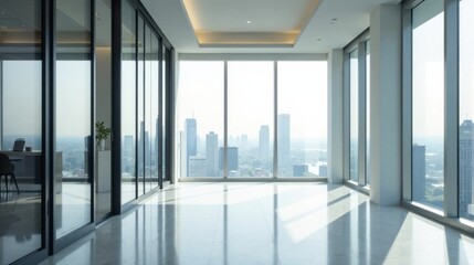 Poster - Modern Office Space with Panoramic City Views and Sleek Glass Walls