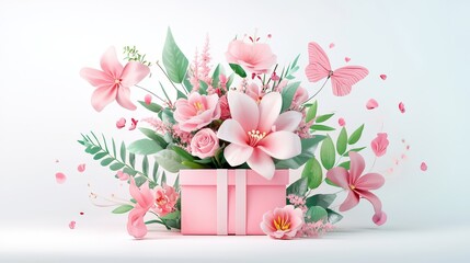 Canvas Print - A modern 3D flower delivery icon featuring a gift box with a bouquet inside, designed with soft minimal shading, isolated on a clean white background for a fresh and elegant look.