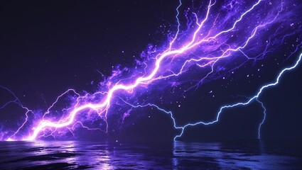 Wall Mural - Abstract impact of blazing violet and supercharged blue glowing lightning sparks effects anime on plain black background