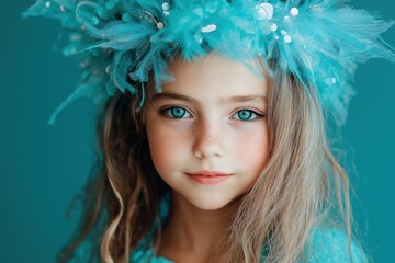 Wall Mural - A young girl with blue hair and a blue headdress. She has a blue dress on. The girl is smiling