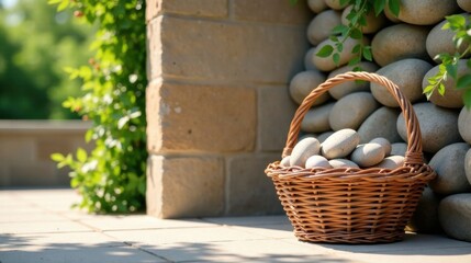Aufkleber - A wicker basket filled with smooth, light-grey stones rests on a sun-drenched patio beside a stone wall and lush green foliage.