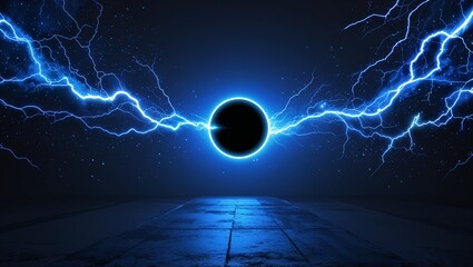 Wall Mural - Abstract impact of eclipse blue glowing lightning sparks effects anime on plain black background