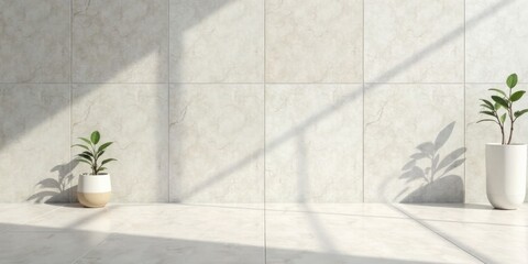 Aufkleber - Serene Minimalist Interior Design with Potted Plants and Sunlight Shadows on Light Stone Tiles