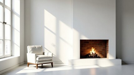 Aufkleber - Serene Minimalist Living Room with a Cozy Fireplace and Sunlight Streaming Through a Large Window