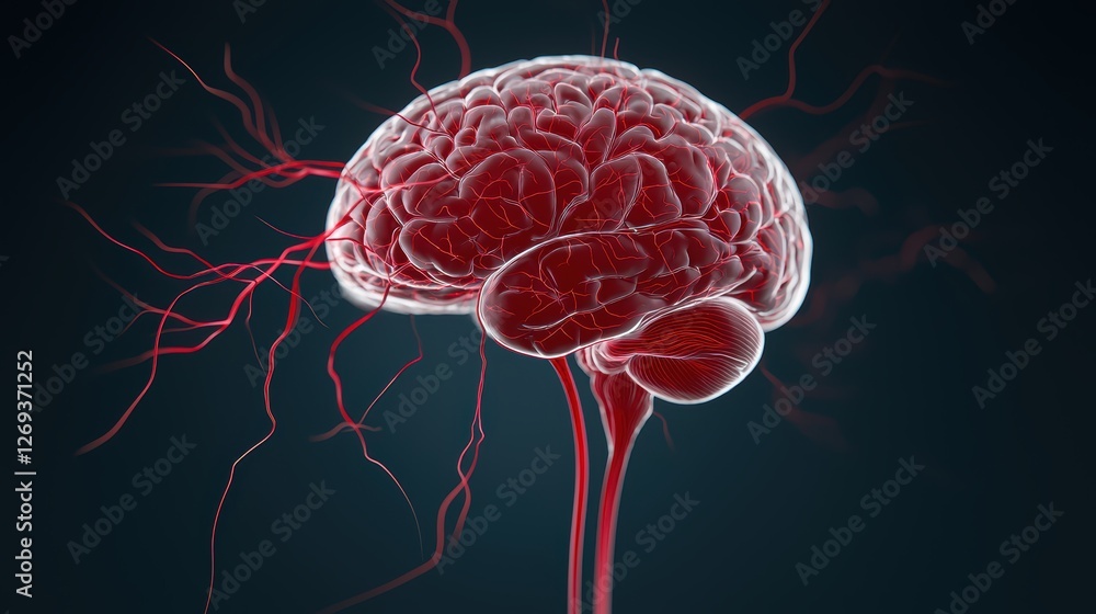 Brain hemorrhage, medical illustration of stroke with red blood cells ...
