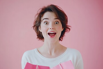 Wall Mural - A woman holding shopping bags with an excited expression, isolated on a pink background