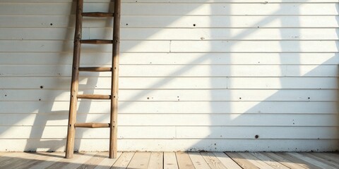 Aufkleber - Rustic wooden ladder leaning against a sun-drenched white wood wall, casting shadows on light colored floorboards.