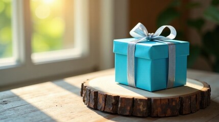Poster - A Light Blue Gift Box with Silver Ribbon Rests on a Rustic Wooden Slice in Sunny Window Light