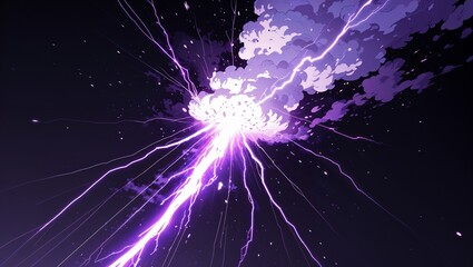 Wall Mural - Abstract impact of meteor white and fiery midnight purple glowing lightning sparks effects anime on plain black background