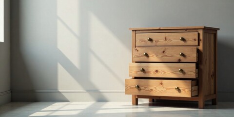 Aufkleber - Light illuminating a rustic wooden chest of drawers with four open drawers in a minimalist interior