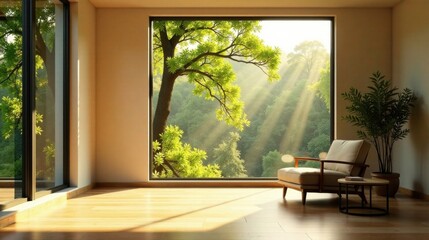 Aufkleber - Serene Sunlight Illuminates Modern Interior with Lush Greenery Viewed Through Expansive Window