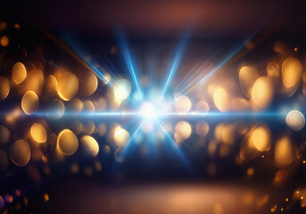 Aufkleber - A blurred abstract background featuring a reflection of golden and blue out-of-focus lights on a dark surface.