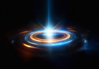 Aufkleber - A bright blue beam of light shines down and expands to form a circular ring of glowing orange light against a black background.