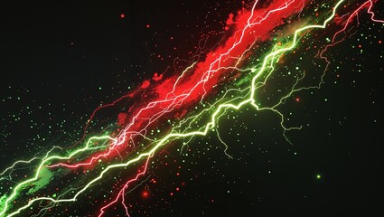 Wall Mural - Abstract impact of scarlet red and lime green glowing lightning sparks effects anime on plain black background