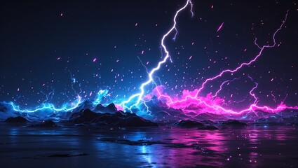 Wall Mural - Abstract impact of shadow blue and vivid fuchsia glowing lightning sparks effects anime on plain black background