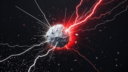 Wall Mural - Abstract impact of stardust white and meteorite red glowing lightning sparks effects anime on plain black background