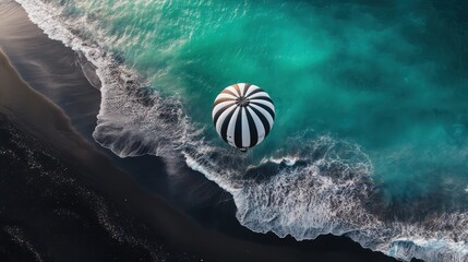 Wall Mural - Hot air balloon over black sand beach, ocean waves; aerial view, travel