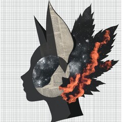 Wall Mural - cosmic mind a silhouette portrait with celestial and floral elements