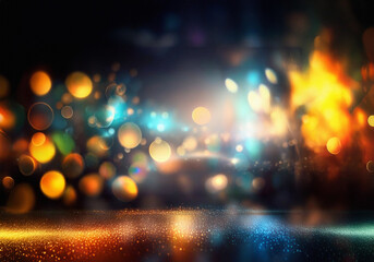 Poster - A dark background with bokeh lights in blue, orange, and yellow hues.