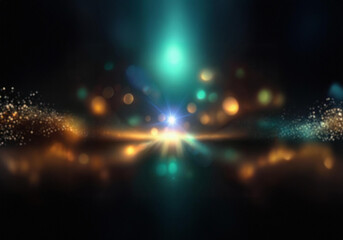 Poster - Abstract dark background with shimmering gold and teal bokeh effects.