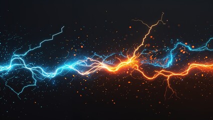 Wall Mural - Abstract impact of ultra cyan and dark ember orange glowing lightning sparks effects anime on plain black background