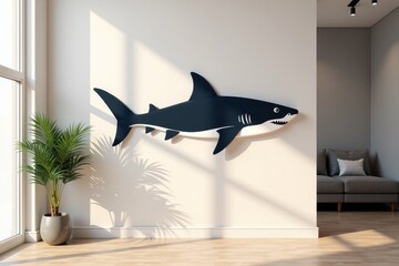 Wall Mural - Stylish interior featuring blacktip shark wall art alongside a lush plant and modern seating. Concept focuses on blacktip shark as an intriguing design element in home decor.