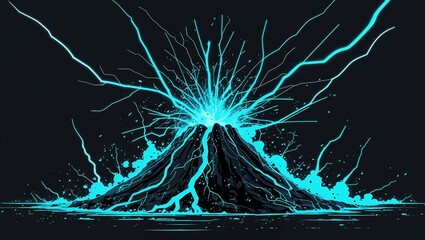 Wall Mural - Abstract impact of volcanic black and starburst cyan glowing lightning sparks effects anime on plain black background