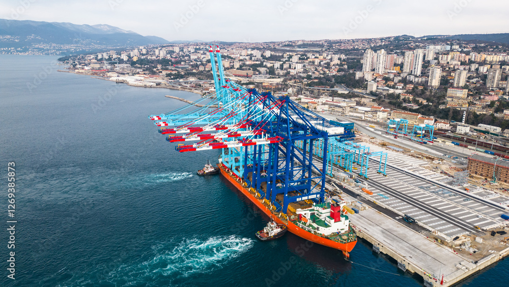 Foto de Stock An aerial drone view shows a cargo ship delivering new ...