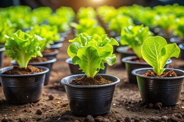 Wall Mural - Young Lettuce Plants Growing in Black Pots - Sustainable Gardening Stock Photo