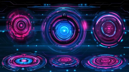 Wall Mural - Abstract digital art portraying glowing pink and blue circular interfaces on a dark background. Futuristic technology concept with vibrant colors and