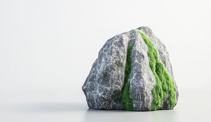 Wall Mural - Abstract 3D render of a gray rock with a vibrant green moss detail, isolated on a white background. The rock has a rough texture and is lit with