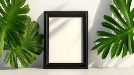 Canvas Print - Blank black frame mockup against a white textured wall, flanked by vibrant green tropical leaves. Sunlight casts shadows, creating a serene