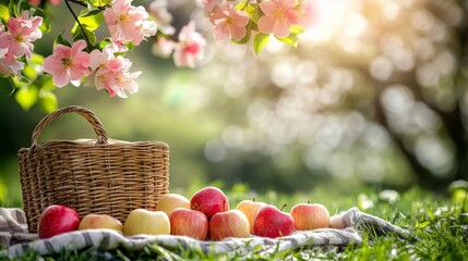 Wall Mural - Enjoying a sunny day with baskets and flowers in a vibrant meadow setting