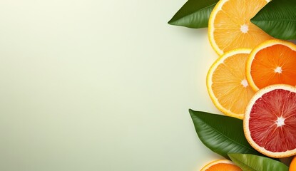 Wall Mural - Fresh citrus slices and vibrant green leaves arranged on a light green background, creating a visually appealing and healthy image. Perfect for food