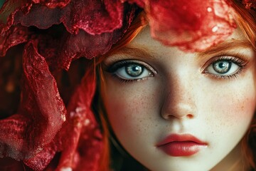 Canvas Print - Captivating close up of a young female model with striking blue eyes surrounded by vibrant red foliage, evoking emotions of beauty and nature