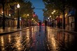 © Mateusz - Rainy Night Street Scene: Romantic and mysterious atmosphere on a rain-swept city street at night, with warm lamplight reflecting on the wet cobblestones. People with umbrellas stroll along the path.