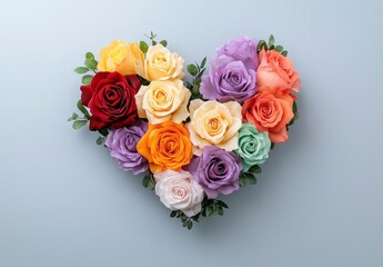 Poster - Multicolored roses arranged in a heart shape on a light blue background. The roses are various shades of red, orange, yellow, purple, and white. 