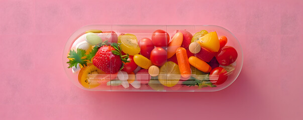 Colorful assortment of fresh pills and vegetables in capsule