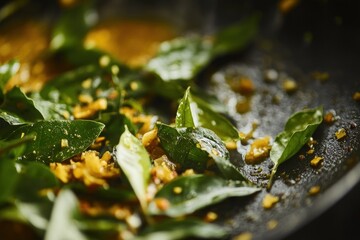 Wall Mural - handful of curry leaves, finely chopped and sprinkled over a delicious South Indian dish