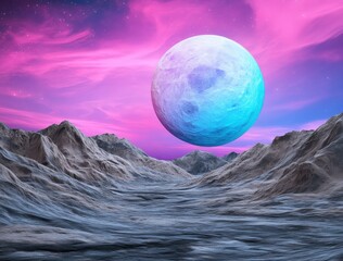 pixel art style landscape featuring a large, cyan moon hovering over a grey, mountainous terrain und