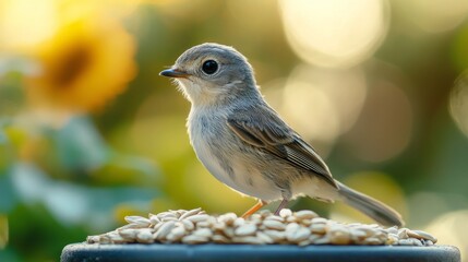 Wall Mural - Bluebird perched on a feeding station surrounded by autumn leaves at sunset