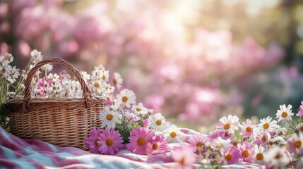 Wall Mural - Enjoying a sunny day with baskets and flowers in a vibrant meadow setting