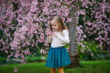 Wall Mural - Adorable preschooler girl enjoying nice spring day in park during cherry blossom season