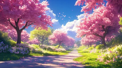 Wall Mural - Blossoming cherry trees lining a tranquil path in a serene park during springtime sunset